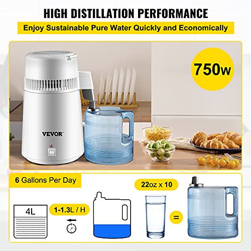 VEVOR Pure Water Distiller 4L Stainless Steel Inner Water Distillation 750W Water Purifier Filter Water Distillers Machine with Collection Bottle for Offices Homes, White