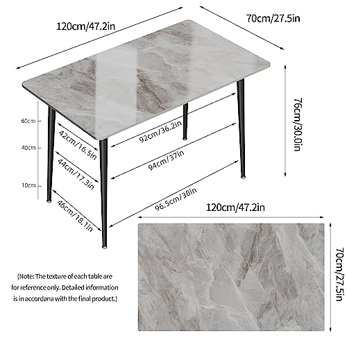 Kitchen Dining Table Marble Tabletop: Rectangular 120cm Modern Sintered Stone Grey Pattern High Gloss Marble Effect Top Dinner Tables 4 Seater with Tapered Metal Legs Dining Room Home Lounge