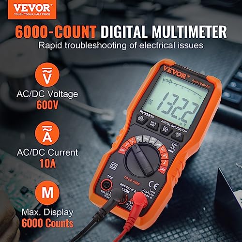 VEVOR Digital Multimeter, 6000 Counts, Multimeter Tester DC AC Voltmeter NCV, Ohm Volt Amp Tester, for Voltage Current Resistance Capacitance Continuity Diode Temperature Duty Ratio Frequency TRMS