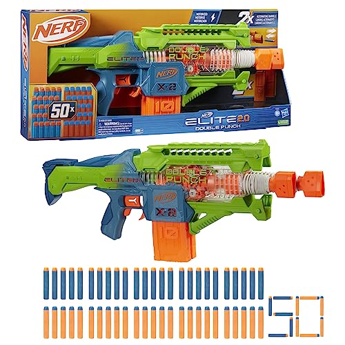 Nerf Elite 2.0 Double Punch Motorized Dart Blaster, Rapid Alternating Barrels, 50 Nerf Elite Darts, 2X 10-Dart Clips, Ages 8 & Up