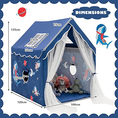 HONEY JOY Kids Playhouse with Padded Cotton Mat, Kids Play Tent for Girls Boys w/Longer Mesh Curtain, Solid Frame, Roll-Up Windows, Indoor and Outdoor Play Tent Castle Playhouse for Children (Blue)