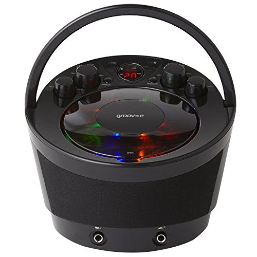 Groov-e Portable Party Karaoke Boombox Machine with CD Player, Bluetooth Wireless Playback, Party Effect Lighting, Mic & Voice Control - 2 Microphones Included - Black