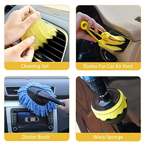 26PCS Car Detailing Cleaning Drill Brush Kit, Car Detailing Brush Set for Cleaning Wheels, Interior and Exterior Car Kit with Windshield Cleaning Tool (Wash Mitt, Wax Pads, Wash Towels, Bag), Yellow