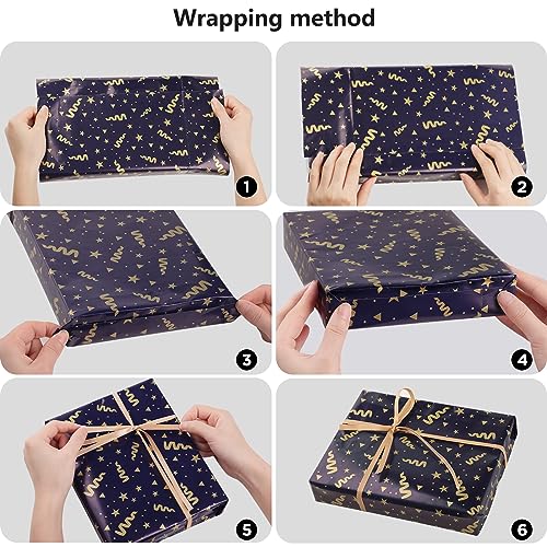 Bigqin 6PCS Navy Blue Gift Wrapping Paper Set Recycled 70 * 50cm Gift Decoration Paper for Kids Women Men Christmas Birthday Holiday Valentine's Day Mother's Day Present Box, with Rope and Tape