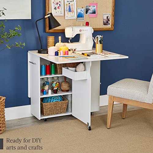 Best Choice Products Folding Dining Table, Multipurpose Collapsible Drop Leaf Extension, Versatile Space Saving Desk Furniture w/Wheels, 3 Storage Shelves, Metal Handle - White