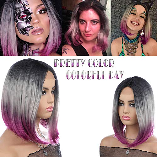 aSulis Ombre Wigs Short Bob Hair Wigs Purple Colorful Party Wig for Women Natural + Free Wig Cap 13" 190g