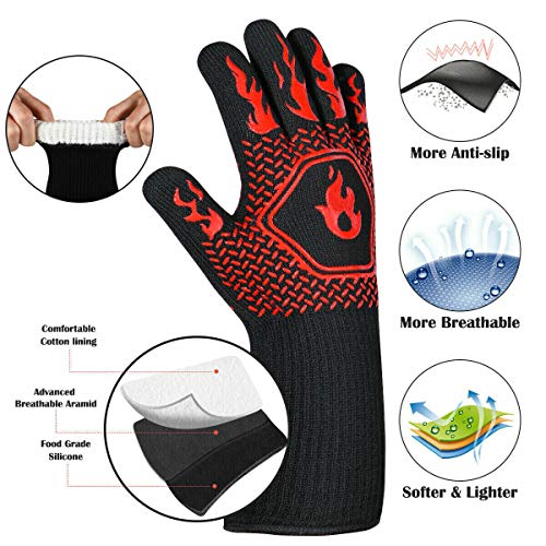 2 PCS BBQ Grill Gloves Heat Resistant Kitchen Oven Pot Holder Silicone Non-Slip Glove for Cooking, Barbecue, Cutting and Outdoor Camping, Baking, Welding, Fireplace (RED - 1 Pair)