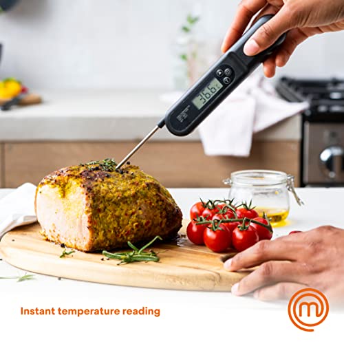 MasterChef Meat Thermometer Digital, Wireless Temperature Probe for Food (Steak, Chicken) & Liquids (Coffee, Tea, Milk), Portable BBQ Grill Gadget, Instant Read LED Display (°F & °C), Foldable, Black