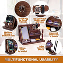 Wood Phone Docking Station Ash Key Holder Wallet Stand Watch Organizer Men Gift Husband Wife Anniversary Dad Birthday Nightstand Purse Father Graduation Male Travel Idea Gadgets (Brown)