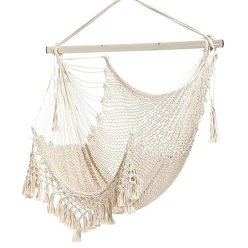 Hammock Chair, Large Hanging Chair, Soft Cotton Rope Swing Chair with High Load-Bearing Metal Rod,Indoor Outdoor Garden Yard Living Room,Max 150kg