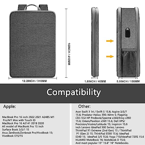 Slim & Expandable Laptop Backpack 15 15.6 16 Inch Sleeve with USB Port, Spill-Resistant Notebooks Bag Case for Most 14-16 Inch MacBooks Surface-Books Dell HP Lenovo Asus Computers, Dark Gray