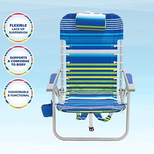 Rio Brands Beach 4-PRio Beach 4-Position Backpack Lace-Up Suspension Folding Beach Chair - Blue/Green Stripe, 24" x 24.75" x 33"
