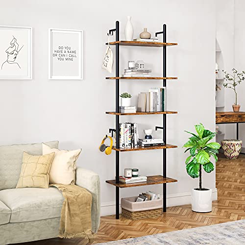 Bestier 70" Industrial Wall-Mounted Ladder Shelf 5 Tier Bookshelf with Storage Organizer Plant Flower Display Stand Round Tube Bookcase Rack with 2 Hooks for Home Office, Rustic Brown