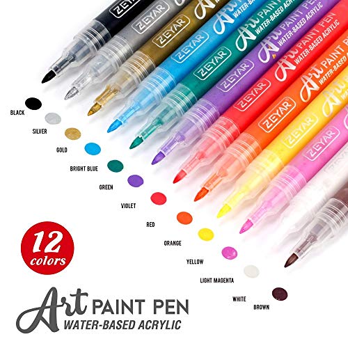 ZEYAR Acrylic Paint Pens, Extra Fine Point, AP Certified, 12 Colors, Water Based, Permanent & Waterproof Ink, Works on Rock, Wood, Glass, Metal, Ceramic and Non porous Surfaces (12 Colors)