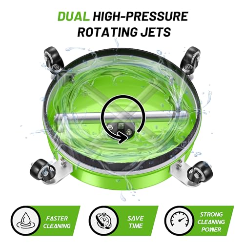 14" Pressure Washer Surface Cleaner with 4 Wheels - Coated Green Stainless Steel Surface Cleaner for Pressure Washer Attachment for Concrete, Patio, Sidewalk, Deck and Driveways - PWS14G