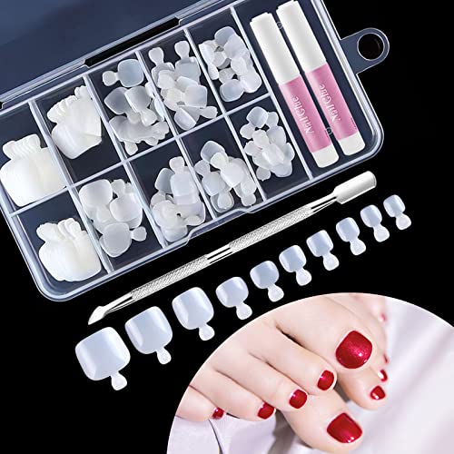 100 Pcs Fake Toenails - 10 Different Sizes Natural Toe Nails False with Glue, Cuticle Pusher and Organizer for Nail DIY and Nail Salon