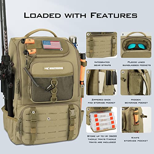 KastKing Karryall Fishing Tackle Backpack with Rod Holders 4 Tackle Boxes,40L Large Storage Water-resistant Fishing Bag Store Fishing Gear and Equipment for Fishing,Camping,Hiking,Outdoor Sport, B:Khaki, Outdoor