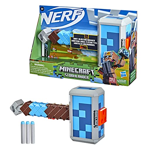 Nerf Minecraft Stormlander Dart-Blasting Hammer, Fires 3 Darts, Includes 3 Official Nerf Elite Darts, Pull-Back Priming Handle