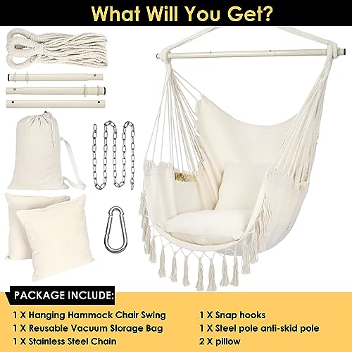 Y-STOP Hammock Chair Hanging Rope Swing, Max 330 Lbs, 2 Cushions Included, Large Macrame Hanging Chair with Pocket, Quality Cotton Weave for Superior Comfort, Durability, Beige