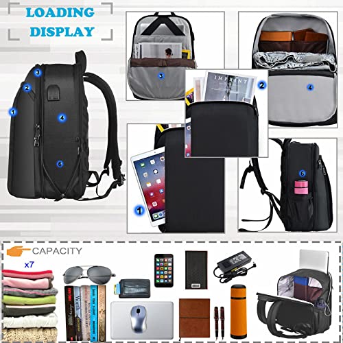 Slim and Expandable 15 15.6 16 Inch Laptop Backpack Anti Theft Business Travel Notebook Bag with USB, Multipurpose Large Capacity Daypack College School Bookbag for Men & Women,Deep Black