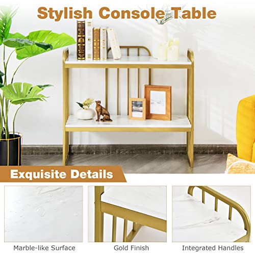 Giantex 2-Tier Narrow Console Table, Buffet Serving Table w/Faux Marble Tabletop & Gold-Finished Bracket, 90cm Sofa Table, Entryway Foyer Table for Living Room, Dining Room, Entryway (Model 2)