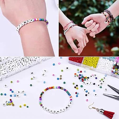 1339 Pieces 4x7mm White Round Acrylic Alphabet Letter Bead A-Z Beads with Crystal Elastic String，Loop Clasps，Plastic Storage Box and Lobster Clasps for Jewelry Making Bracelets Necklaces Key Chains