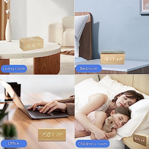 Wooden Alarm Clock with Wireless Charging, 3 Alarm LED Display with Adjustable Time Temperature Brightness, Sound Control for Home, Kids Bedroom, Office, Bedside