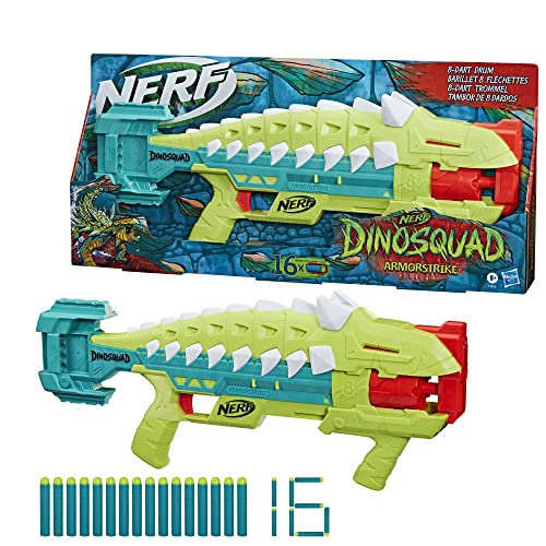Nerf DinoSquad Armorstrike Dart Blaster, 8-Dart Rotating Drum, Drop Grip, Dart Storage, 16 Nerf Elite Darts, Anklyosaurus Dinosaur Design