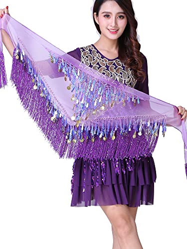 ZLTdream Belly Dance Tassels Sparkle Sequin Triangle Hip Scarf Wrap Skirt with Coins for Rave Women Outfit Dancing Costume, Purple, One size