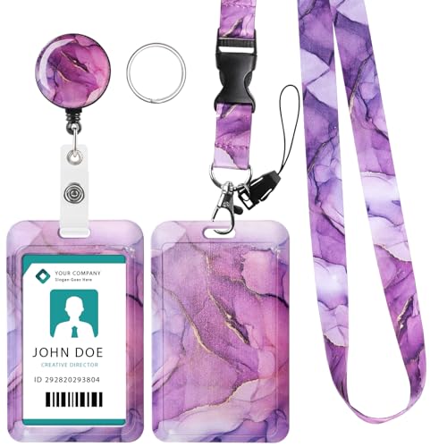 Hianjoo Badge Holder Retractable with Lanyard, ID Card Holder with Belt Clip Retractable Reel Neck Lanyard for Students Office Staff, Purple Marbling