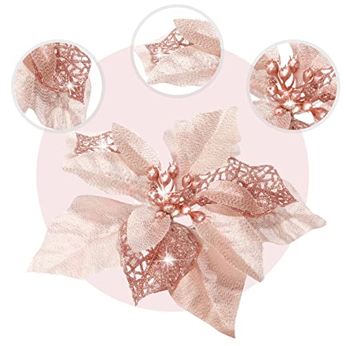 36 Pieces Christmas Glitter Poinsettia Faux Flowers Christmas Flowers Decorations Wedding Xmas Tree New Year Ornaments (Rose Gold)