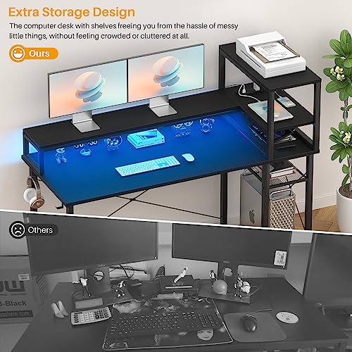 Cyclysio Gaming Desk 47", Computer Desk with Reversible Storage Shelves, Home Office Desk with Power Outlets & RGB Led Lights, Small Desk for Gaming, Studying, Working, Black