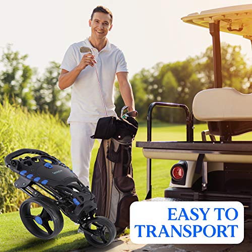 SereneLife 3 Wheel Golf Push Cart - Lightweight Folding Golf Walking Push Cart Roller Golf Bag Holder w/Upper/Lower Bracket w/Elastic Strap, Scorecard, Cup, & Bag Storage Holder - SereneLife SLG3W