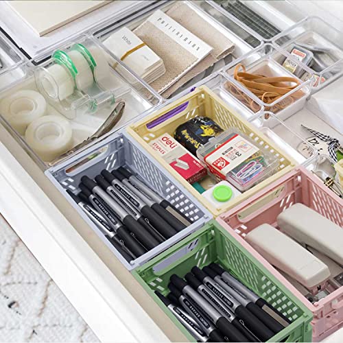 6 Pack Mini Folding Storage Basket for Shelf Home Kitchen, Plastic Storage Bin Organizer Small Stackable Crates for Office Classroom Bedroom Bathroom Desk Drawer, Stacking Baskets for Organizing