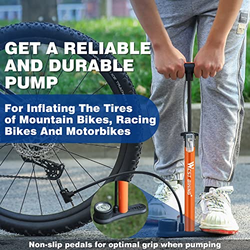 West Biking Bike Pump with Pressure Gauge - Bicycle Air Pump for All Valves - 11 Bar / 160 Psi Bike Floor Pump - Bike Tire Pump for e-Bikes, Mountain Bikes - Bicycle Pump for Presta Valve Adapter