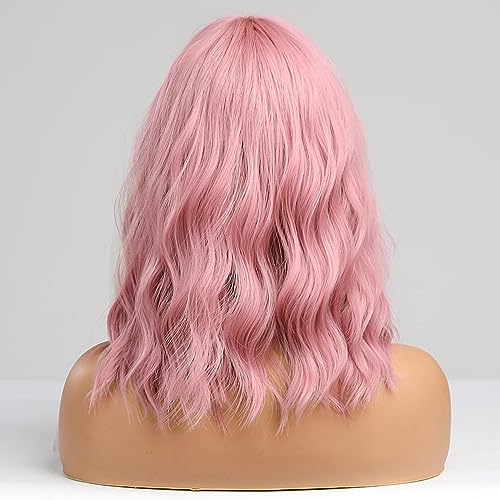 BERON 14 Inches Women Girls Short Curly Synthetic Wig with Bangs Lovely Pink