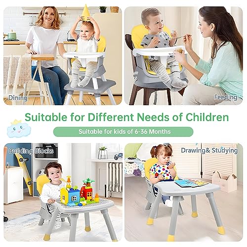 Baby High Chair, Timkos 8 in 1 Convertible Highchair Booster Seat, Building Block Table, Toddler Chair with 5-Point Safety Harness, Removable Tray, Soft PU Cushion (for 7-36 Months Babies)