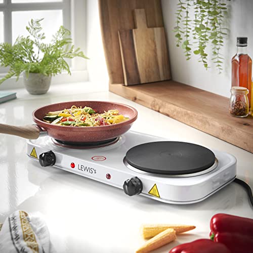 LEWIS'S 2500w Double Hotplate - Cast Iron Heating Plate - Portable Duel Hotplate with Adjustable Thermostat for Home Kitchen Camping & Caravan Cooking