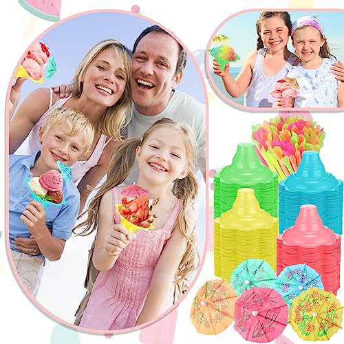 Eaasty 50 Sets Summer Snow Cone Cups and Spoon Straws with 50pcs Paper Umbrellas Kit, Small Leakproof Reusable Plastic Cups for Shaved Ice Snack Ice Cream Bowls for Holiday Party, 4 oz