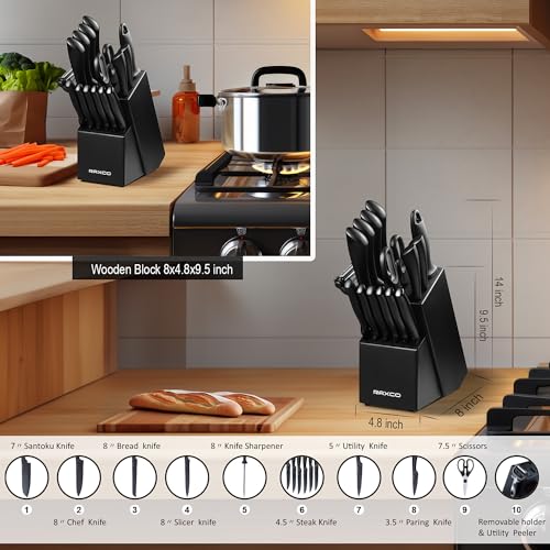RAXCO Knife Set, Kitchen Knife Set,Knife Block Set, Chef Knife Set with Block for Kitchen, Black Knife Set,Steak Knives,Knife Sharpner,Black…