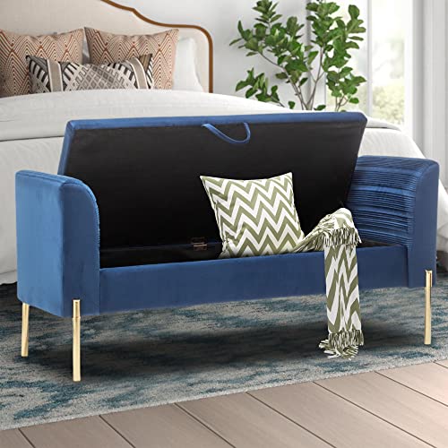 ALISH Storage Bench,Upholstered Storage Ottoman Bench,Modern Bed Bench Entryway Bench with Gold Legs for Bedroom Living Room Blue