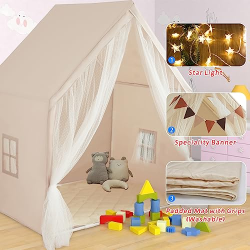 Umbalir Large Kids Tent, Kids Indoor Play Tent with Mat, Lights and Banner, Tents for Kids Indoor Outdoor Playhouse with Windows, Toddler Tent for Boys Girls, 60x36x53