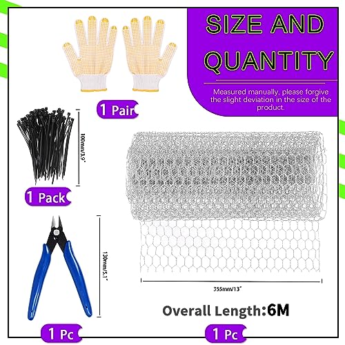 Swpeet 104Pcs Approx 13.7"x 236" Chicken Wire Net Set, Poultry Wire Netting, Hexagonal Galvanized Mesh Garden Fence Barrier for Pet, Rabbit Fencing with Mini Cutting Pliers,1 Pair of Gloves, Wire Ties