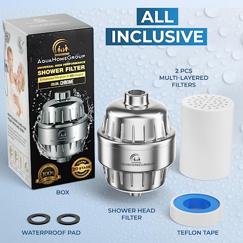 AquaHomeGroup 20 Stage Shower Filter with Vitamin C E for Hard Water - High Output Shower Water Filter to Remove Chlorine and Fluoride - 2 Cartridges Included -Consistent Water Flow Showerhead Filter