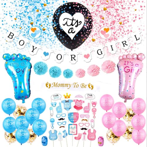 Uandhome 65pcs Balloon Set Gender Reveal Party Decoration Set "Boy or Girl" Foil Balloon Baby Party Supplies Decorations Kit