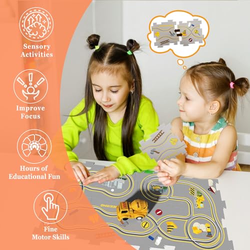 ZCOINS Construction Car Puzzle Track Race Playset for Kids, Puzzle Mat Rail Train Vehicle STEM Montessori Toys, DIY Road Builder Board Game Educational Gift Toys for 3 4 5 6 7 Year Old Boys