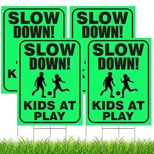 4 Pieces Slow Down Kids At Play Sign with Metal Stake, 12 x 16 Inch Kids At Play Safety Signs, Double Sided Child Safety Caution Signs, Children Sign for Street, Lawn Neighborhoods(Green)