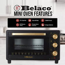 Belaco 23L Toaster Oven Tabletop Cooking Baking Portable Oven Rotiseerie1380w 60 min Timer with auto shut off 100-250° Stainless Steel Heating Tube incl. Baking Tray, Wire Rack, Handle, Rotisserie