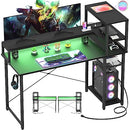 Cyclysio Gaming Desk 47", Computer Desk with Reversible Storage Shelves, Home Office Desk with Power Outlets & RGB Led Lights, Small Desk for Gaming, Studying, Working, Black