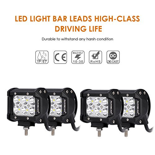 Auxbeam 4 Pcs 4" LED Light Bar 18W LED Pods 6pcs 3W CREE LEDs Spot Beam Driving Light Waterproof LED Bar